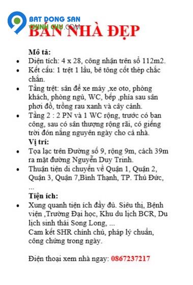 BÁN NHÀ ĐẸP QUẬN 9 - TP THỦ ĐỨC GIÁ 5.5 TỶ / 108M2