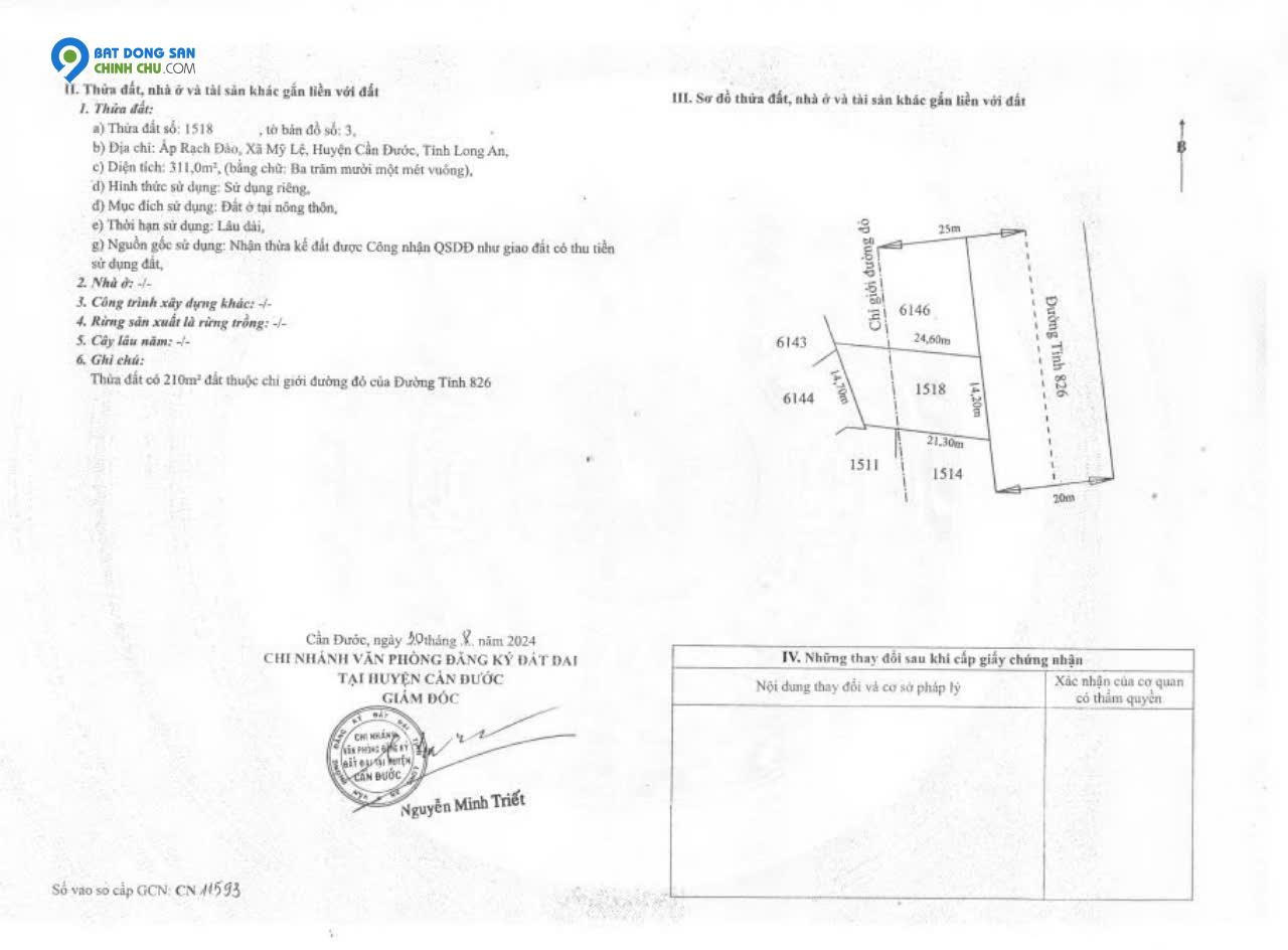 CẦN BÁN ĐẤT MẶT TIỀN ĐƯỜNG TỈNH 826 CẦN ĐƯỚC-LONG AN